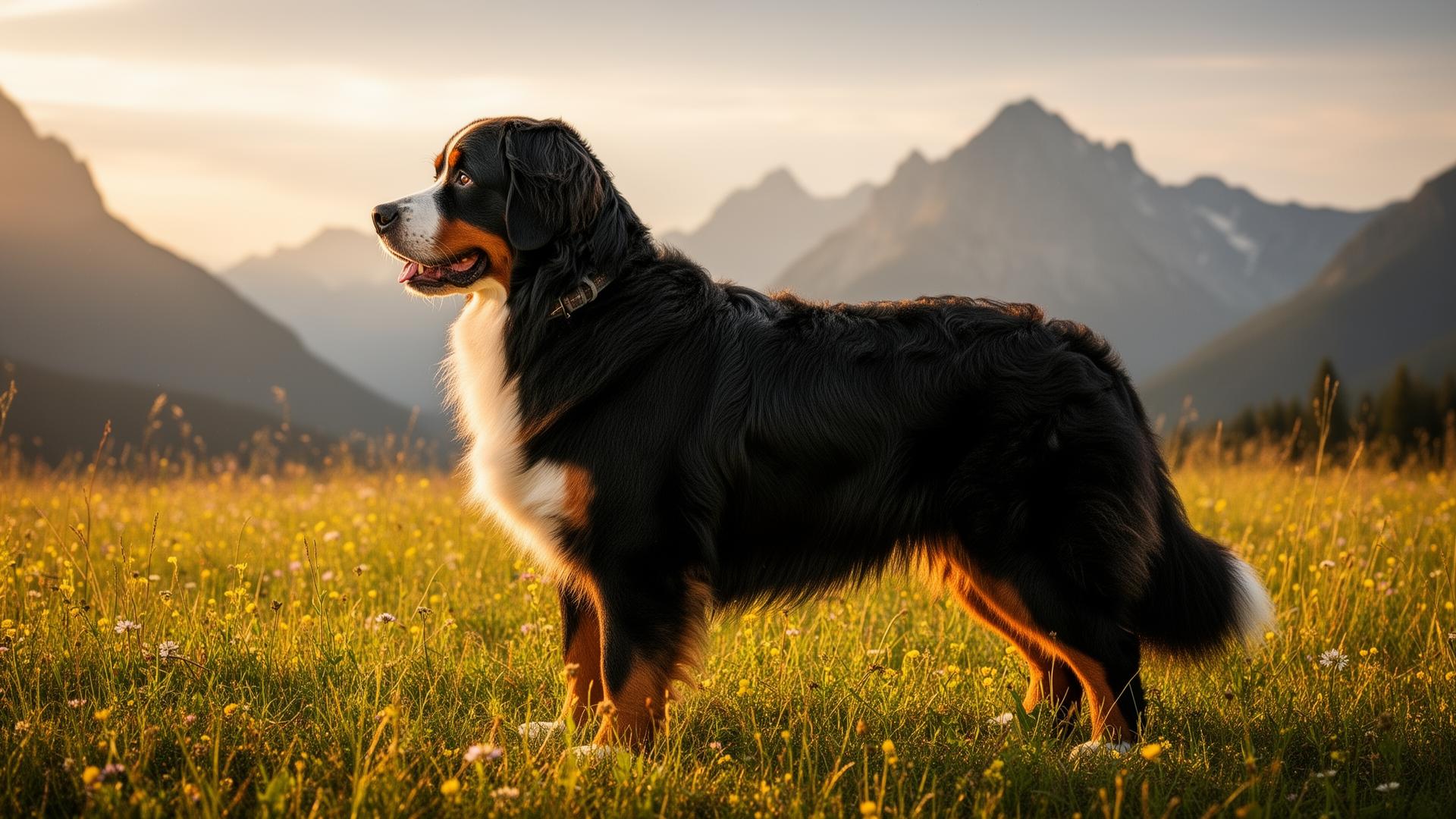 Bernese Mountain Dog in an alpine meadow